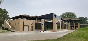 Modern country club exterior side angle view of building