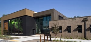 Exterior shot of modern goodwill community center entrance
