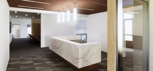 Architectural rendering of a modern corporate office featuring the reception desk