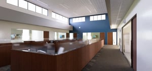 Architectural rendering of a modern corporate office featuring staff work area