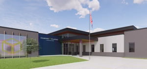 Architectural rendering of a modern corporate office building exterior