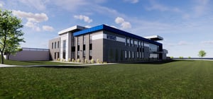 Architectural rendering of a corporate headquarters building back entrance