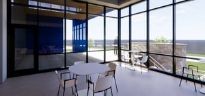 Architectural rendering of a corporate break room with terrace view