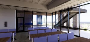 Rendering of a corporate meeting space with large windows