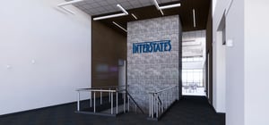 Architectural rendering of a corporate stairway and corridor with brand wall