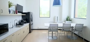Corporate break room with mini kitchen layout
