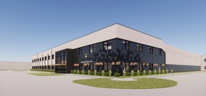 Rendering of exterior Sioux Honey building entrance corner view