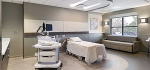Modern large OB patient room with comfortable seating and relaxing decor.