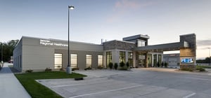 Modern healthcare clinic exterior drive up view