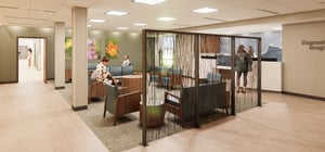 Architectural rendering of the waiting room of a modern medical facility