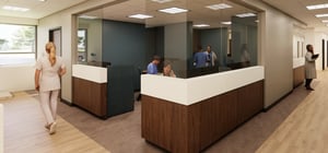 Architectural rendering of the reception room of a nurse station at a medical facility