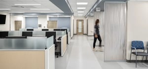 Modern healthcare clinic infusion suite area with multiple infusion bays