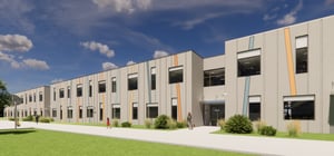 Architectural rending of a modern elementary school entrance exterior