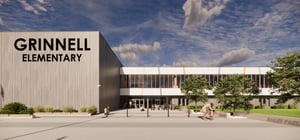 Architectural rending of a modern elementary school entrance exterior