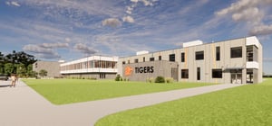 Architectural rending of a modern elementary school building exterior view