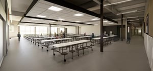Architectural rending of a modern elementary school commons