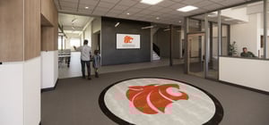 Architectural rending of a modern elementary school interior front entrance
