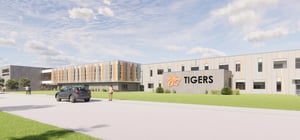 Architectural rending of a modern elementary school entrance exterior