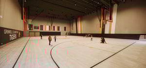 Architectural rending of a modern elementary school indoor gym with built-in sport equipment