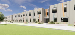 Architectural rending of a modern elementary school building exterior view