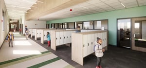 Architectural rending of a modern elementary school corridor with locker bays