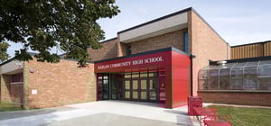Exterior view of renovated high school in iowa