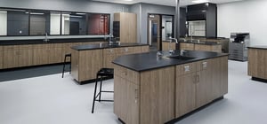 Modern high school science classroom with lab equipment