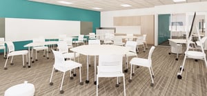 Architectural rendering of a modern elementary school classroom with modern teaching equipment