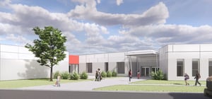 Exterior architectural rendering of a modern elementary school addition entrance