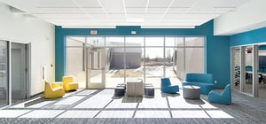 Modern elementary school collaboration zone with large picture windows