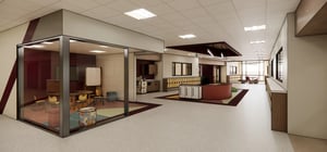 Architectural rendering of an elementary school hallway with breakout classrooms