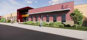 Architectural rendering of an elementary school exterior entrance with people