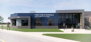 Architectural rendering of a modern elementary school exterior entrance