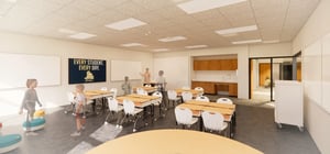 Architectural rendering of a modern elementary school classroom with flexible seating