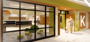 Architectural rendering of a modern elementary school kindergarten themed corridor