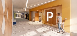 Architectural rendering of a modern elementary school pre-k themed corridor
