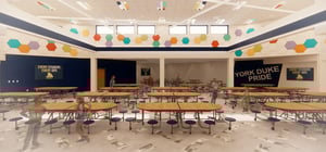 Architectural rendering of a modern elementary school commons