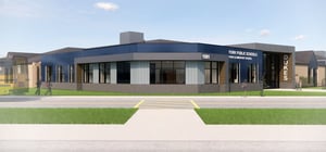 Architectural rendering of a modern elementary school exterior entrance