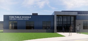 Architectural rendering of a modern elementary school exterior entrance