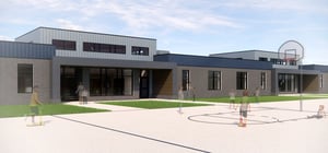 Architectural rendering of a modern elementary school exterior playground
