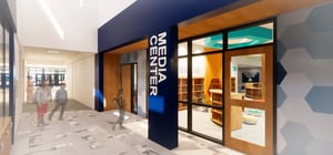 Architectural rendering of a modern elementary school corridor with media center entry