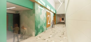 Architectural rendering of a modern elementary school second grade themed corridor