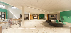 Architectural rendering of a modern elementary school corridor with break out classrooms